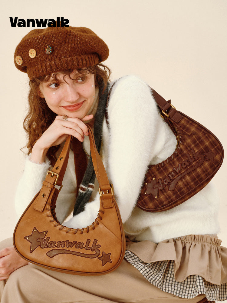 Vanwalk Pinecone Tribe Plaid Crescent Hobo Bag