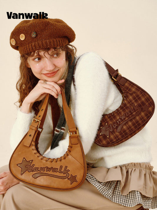 Vanwalk Pinecone Tribe Plaid Crescent Hobo Bag