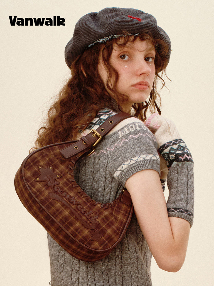 Vanwalk Pinecone Tribe Plaid Crescent Hobo Bag