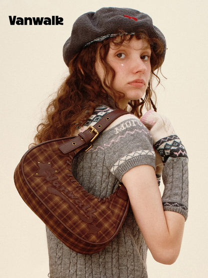Vanwalk Pinecone Tribe Plaid Crescent Hobo Bag
