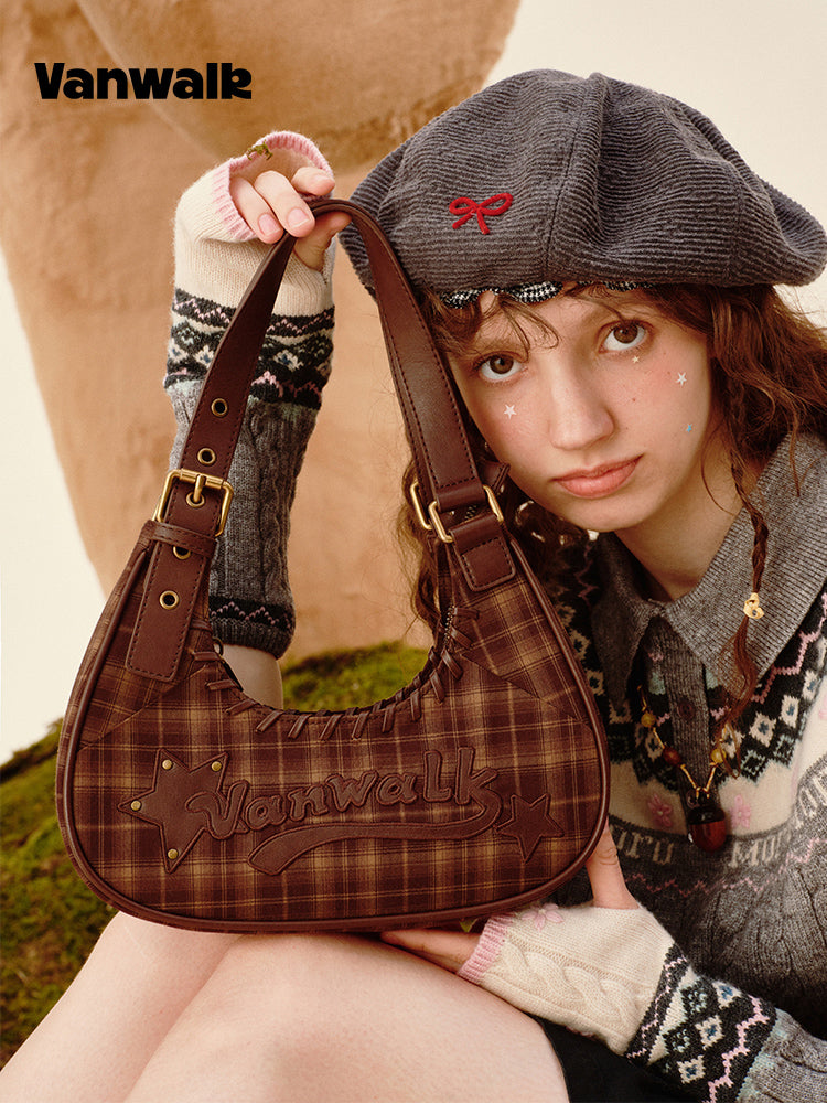 Vanwalk Pinecone Tribe Plaid Crescent Hobo Bag