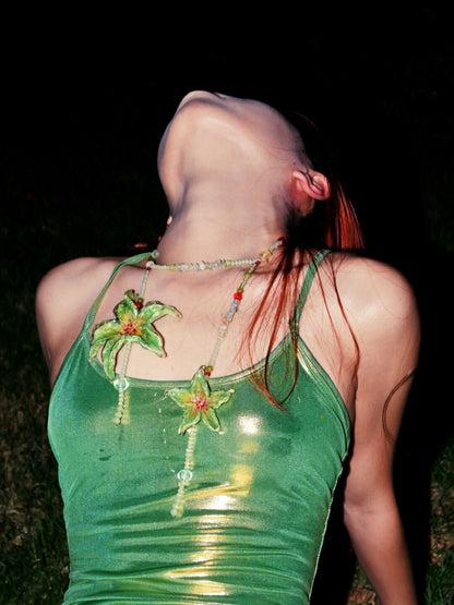 Verdant Lily Tassel Beaded Necklace