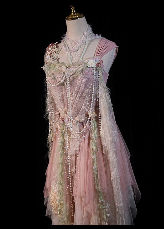 Vintage Fairycore Pearl Beaded Layered Tulle Dress