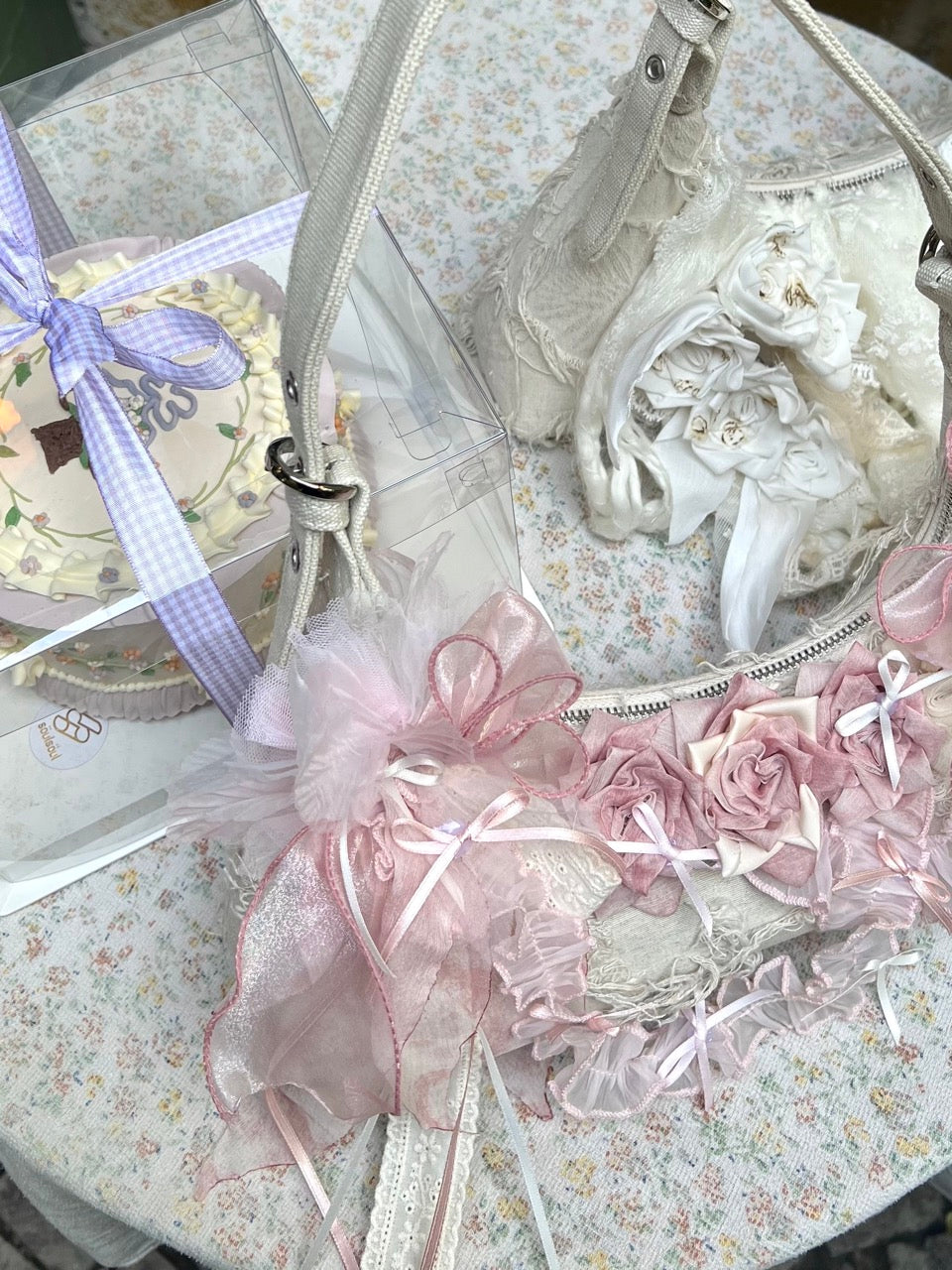 Vintage Lace Rose Baguette Bag