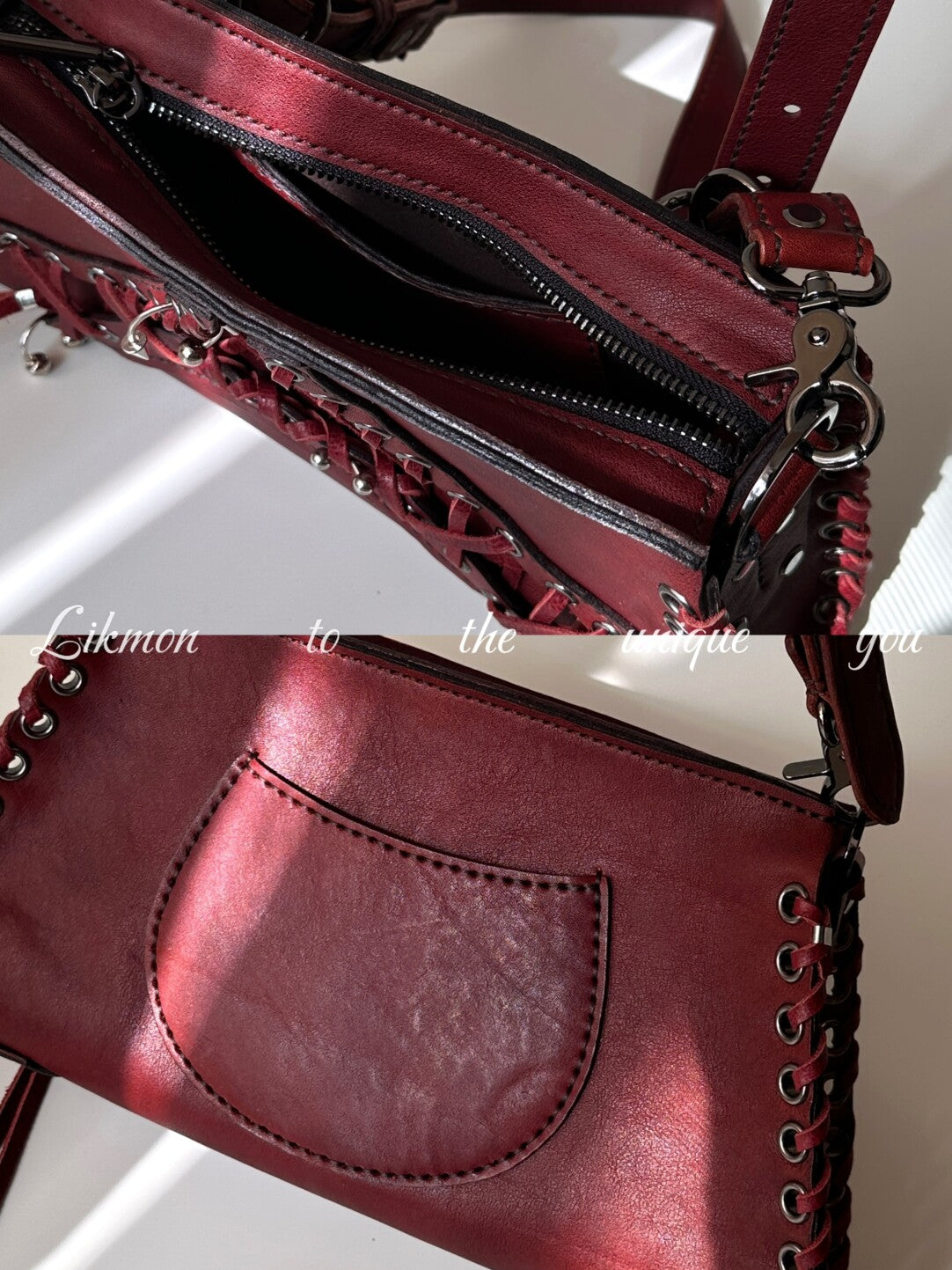 Vintage Red Top-Grain Leather Lace-Up Shoulder Bag | Bag | Three Fleas