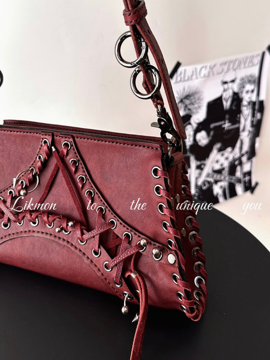 Vintage Red Top-Grain Leather Lace-Up Shoulder Bag