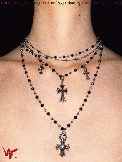 Vintage Rock Cross Black Beaded Layered Necklace