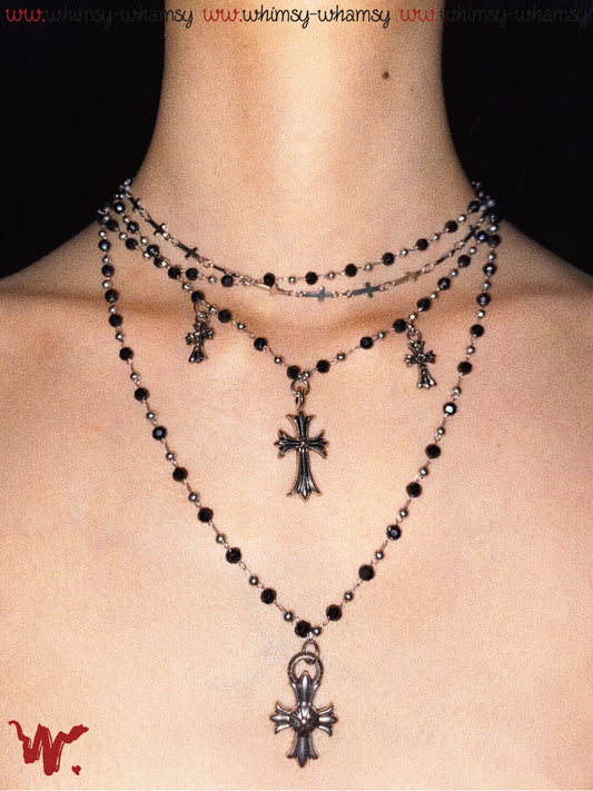 Vintage Rock Cross Black Beaded Layered Necklace