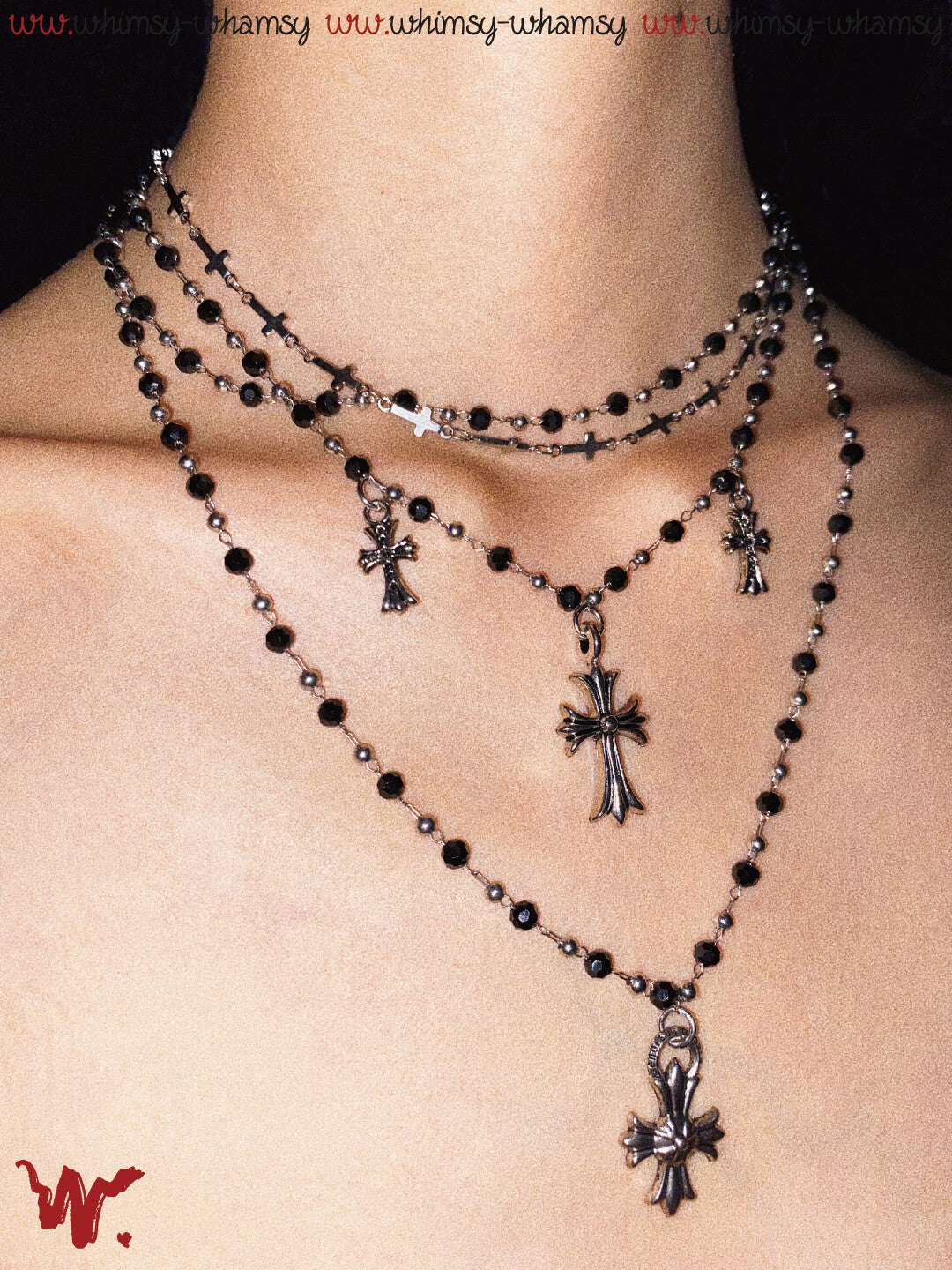 Vintage Rock Cross Black Beaded Layered Necklace
