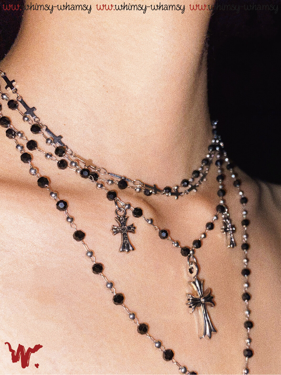 Vintage Rock Cross Black Beaded Layered Necklace