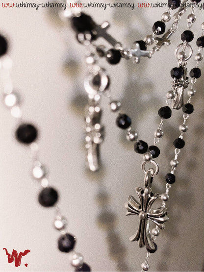Vintage Rock Cross Black Beaded Layered Necklace