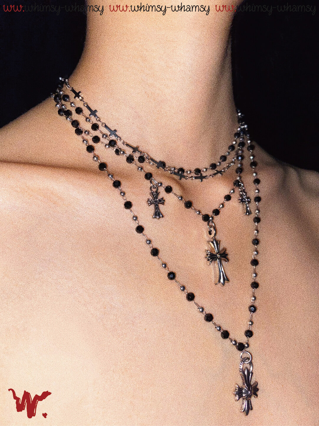Vintage Rock Cross Black Beaded Layered Necklace