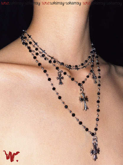 Vintage Rock Cross Black Beaded Layered Necklace