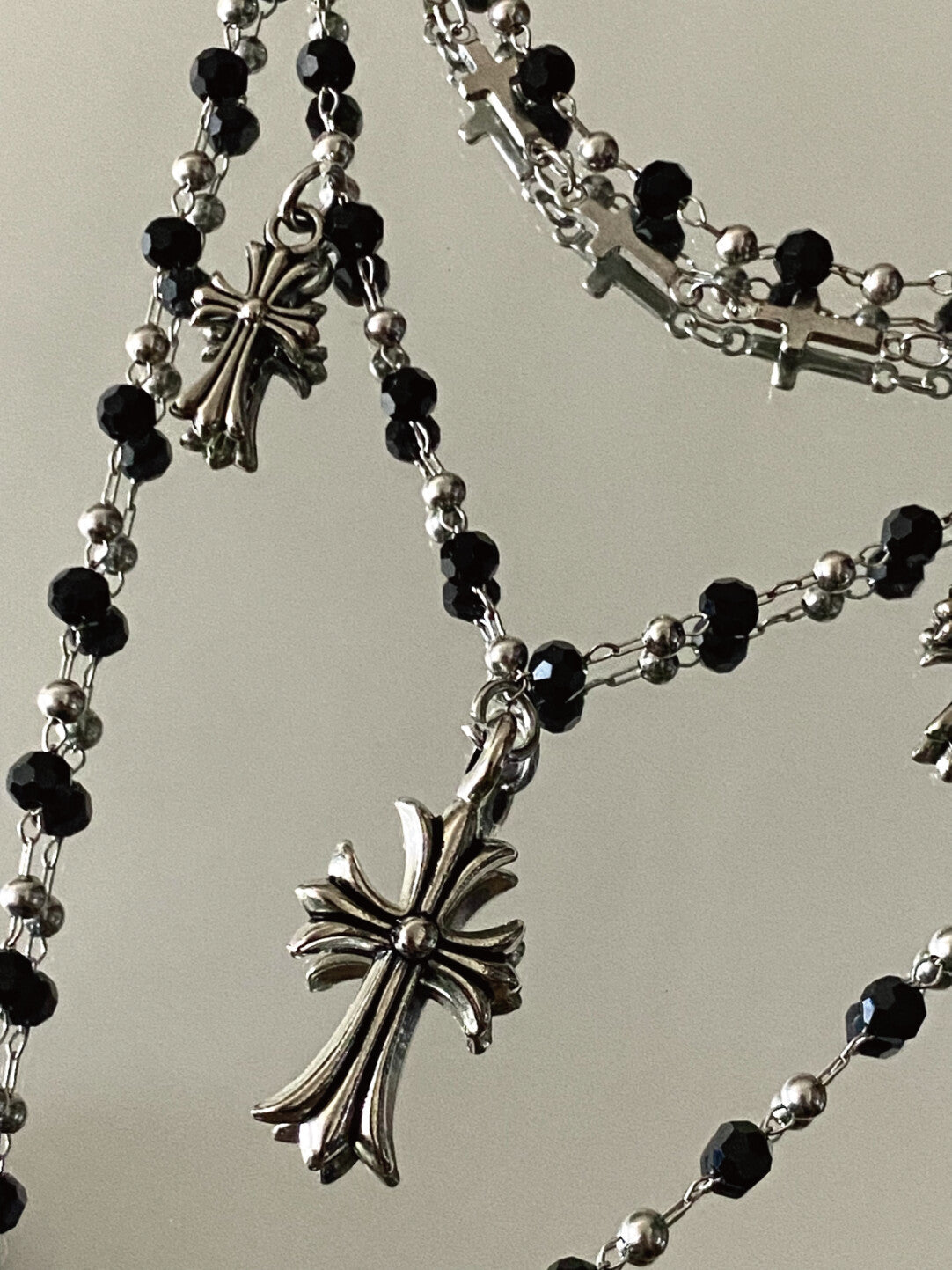 Vintage Rock Cross Black Beaded Layered Necklace