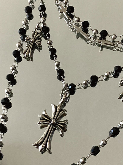 Vintage Rock Cross Black Beaded Layered Necklace