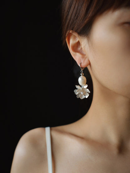 White Flower Pearl Earrings