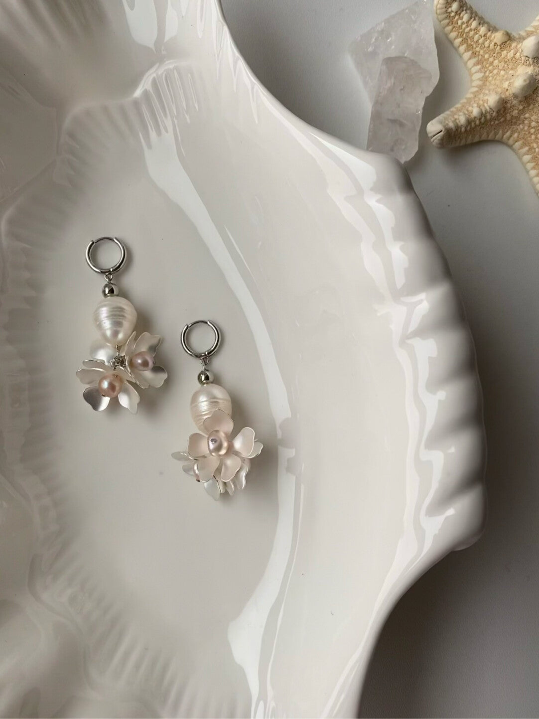 White Flower Pearl Earrings