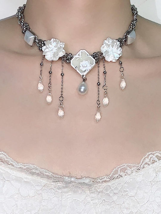 White Flower Tassel Choker Necklace