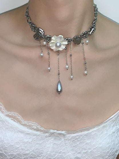 White Flower Tassel Choker Necklace