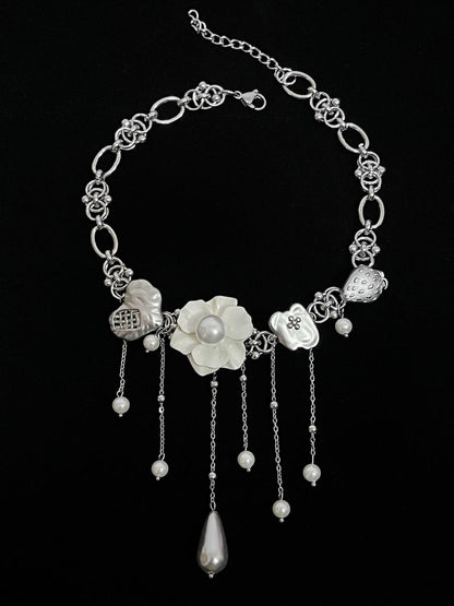 White Flower Tassel Choker Necklace