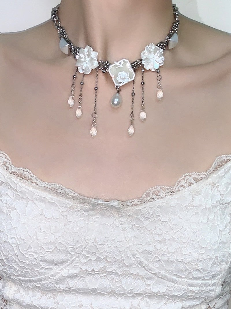 White Flower Tassel Choker Necklace
