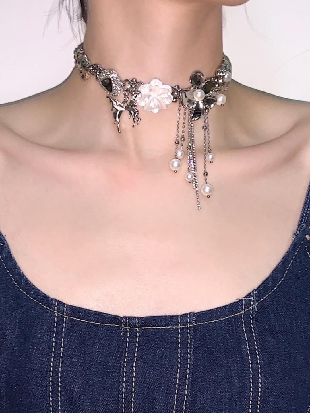 White Flower Tassel Choker Necklace