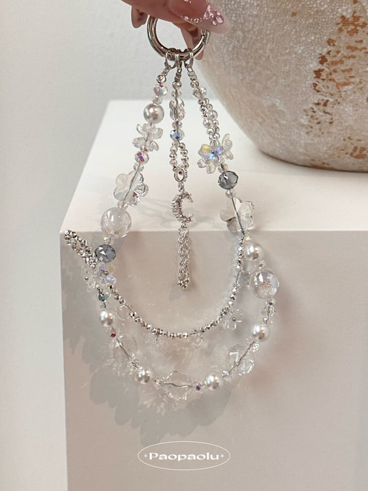 White Moonlight Tassel Double-Layer Beaded Phone Charm