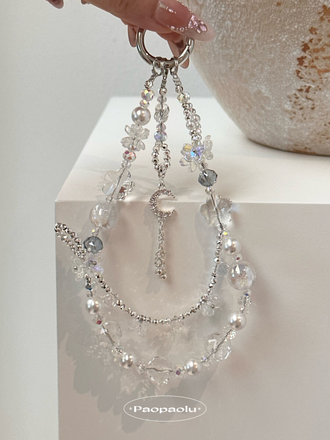 White Moonlight Tassel Double-Layer Beaded Phone Charm