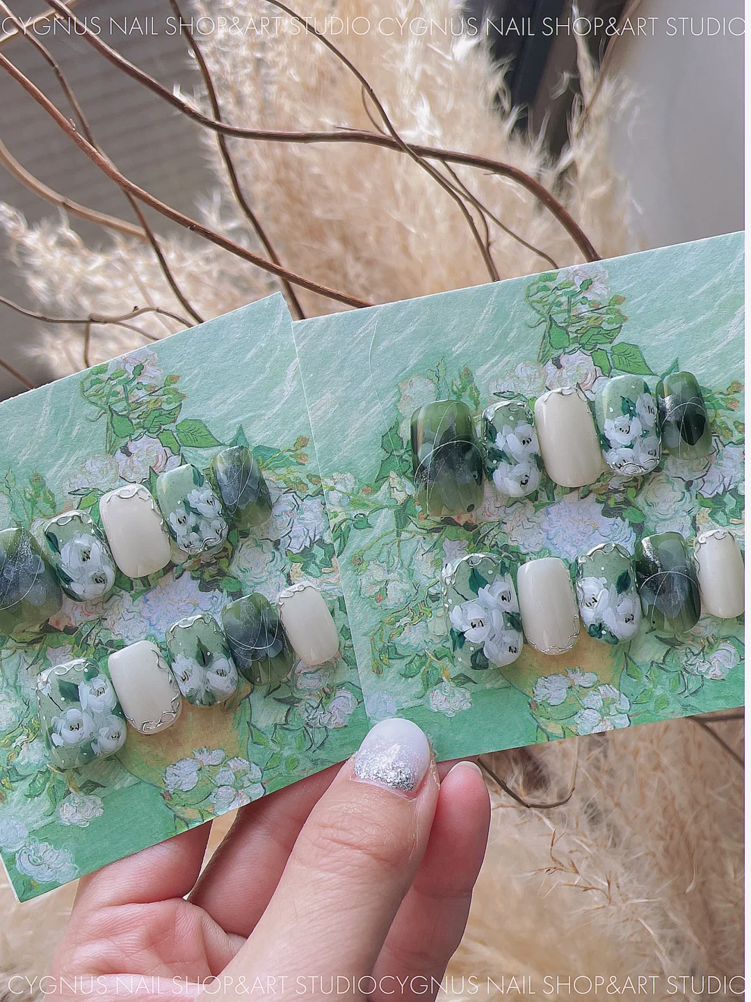 White Rose Garden Hand Painted Press On Nails Set