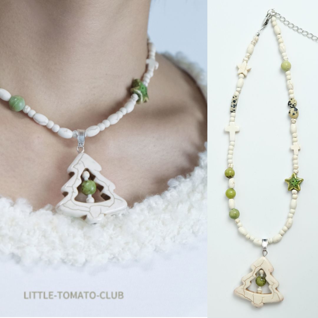 White Turquoise Tree Beaded Necklace