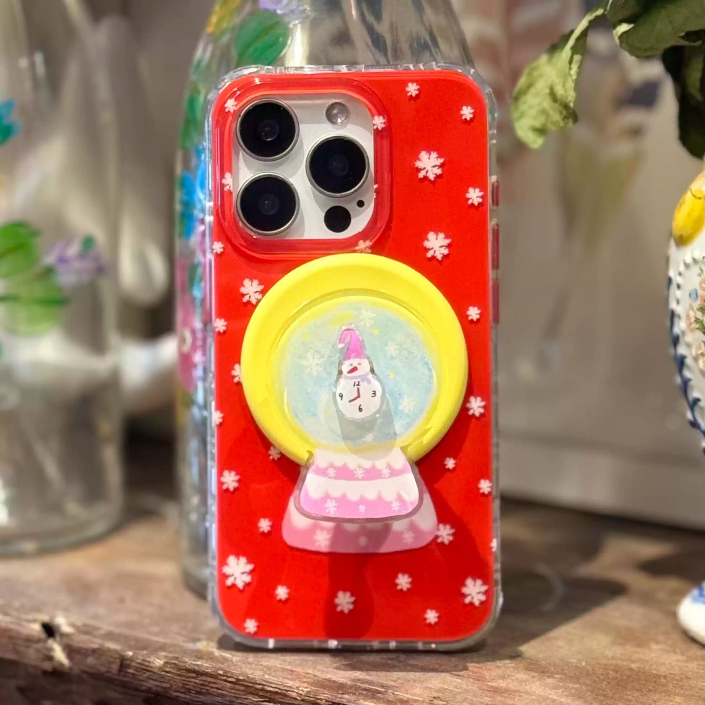 Winter Clock Snowman Phone Case: Festive Red Magnetic IMD Case