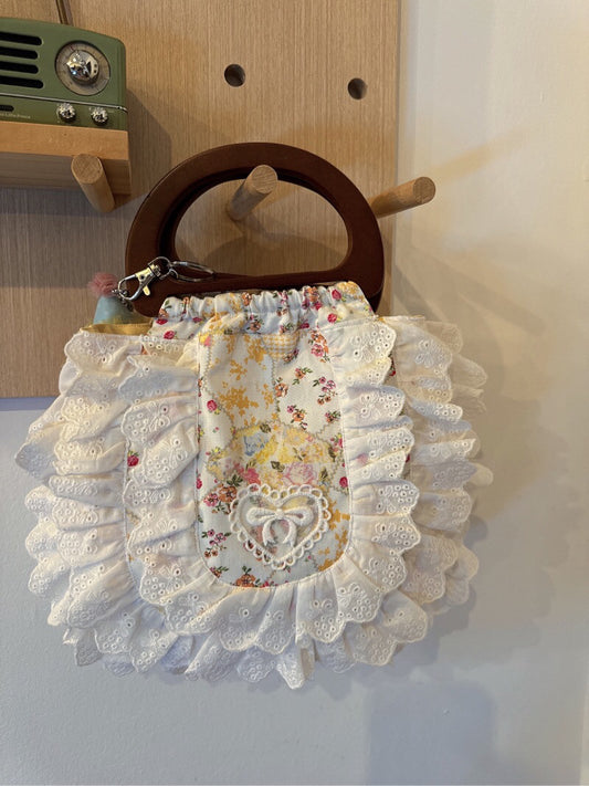Yellow Floral Printed Lace Wooden Handle Handbag