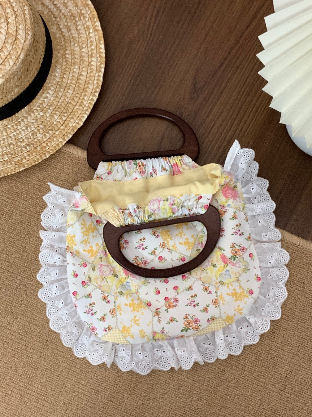 Yellow Floral Printed Lace Wooden Handle Handbag