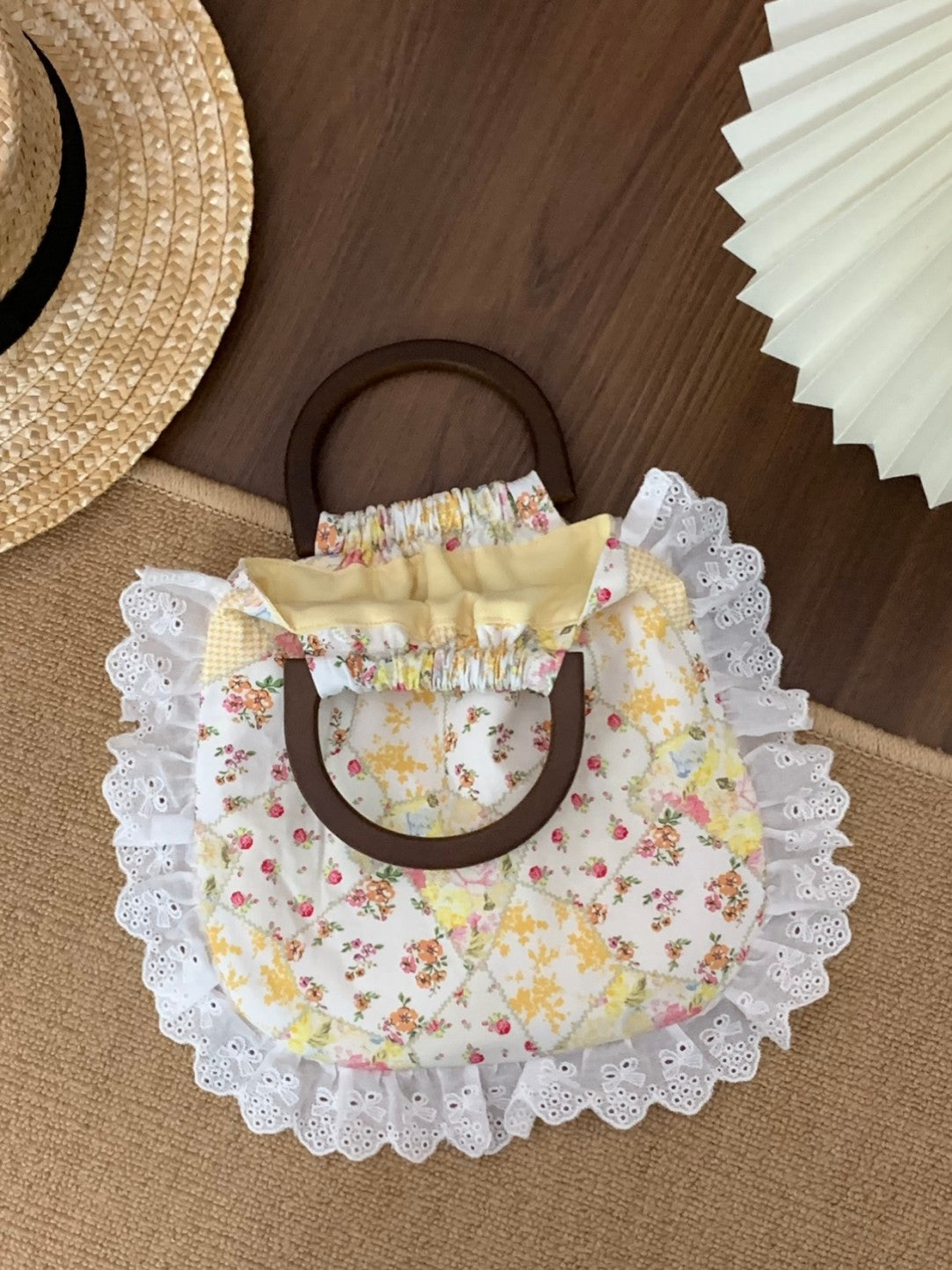 Yellow Floral Printed Lace Wooden Handle Handbag