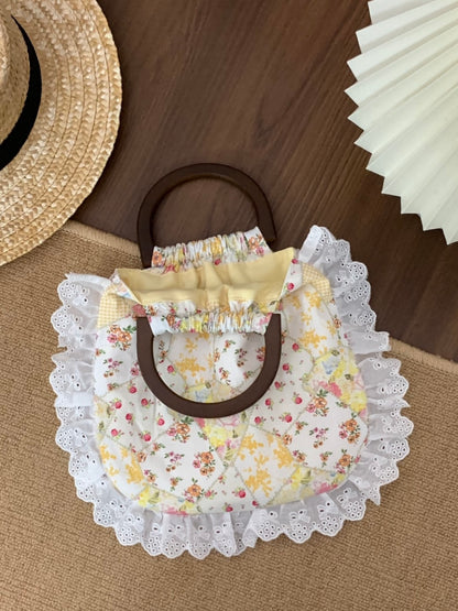 Yellow Floral Printed Lace Wooden Handle Handbag