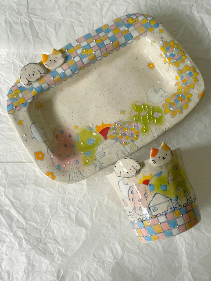 Puppy & Kitten Home Hand-Painted Ceramic Plate