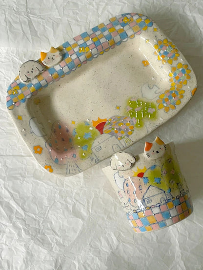 Puppy & Kitten Home Hand-Painted Ceramic Plate