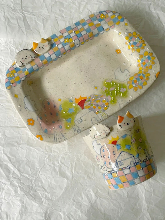 Puppy & Kitten Home Hand-Painted Ceramic Plate