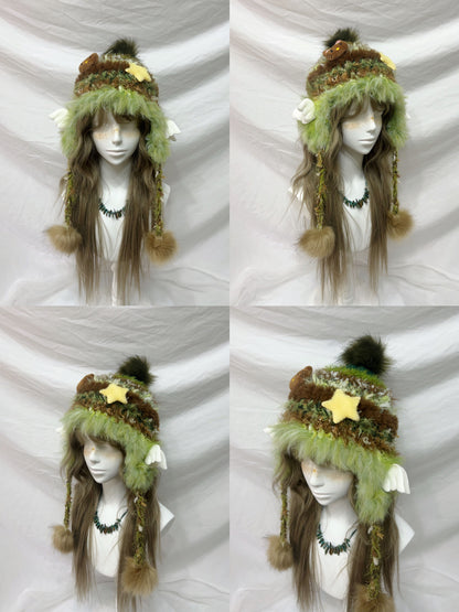 Fluffy Animal Ear Pom-Pom Crochet Hat