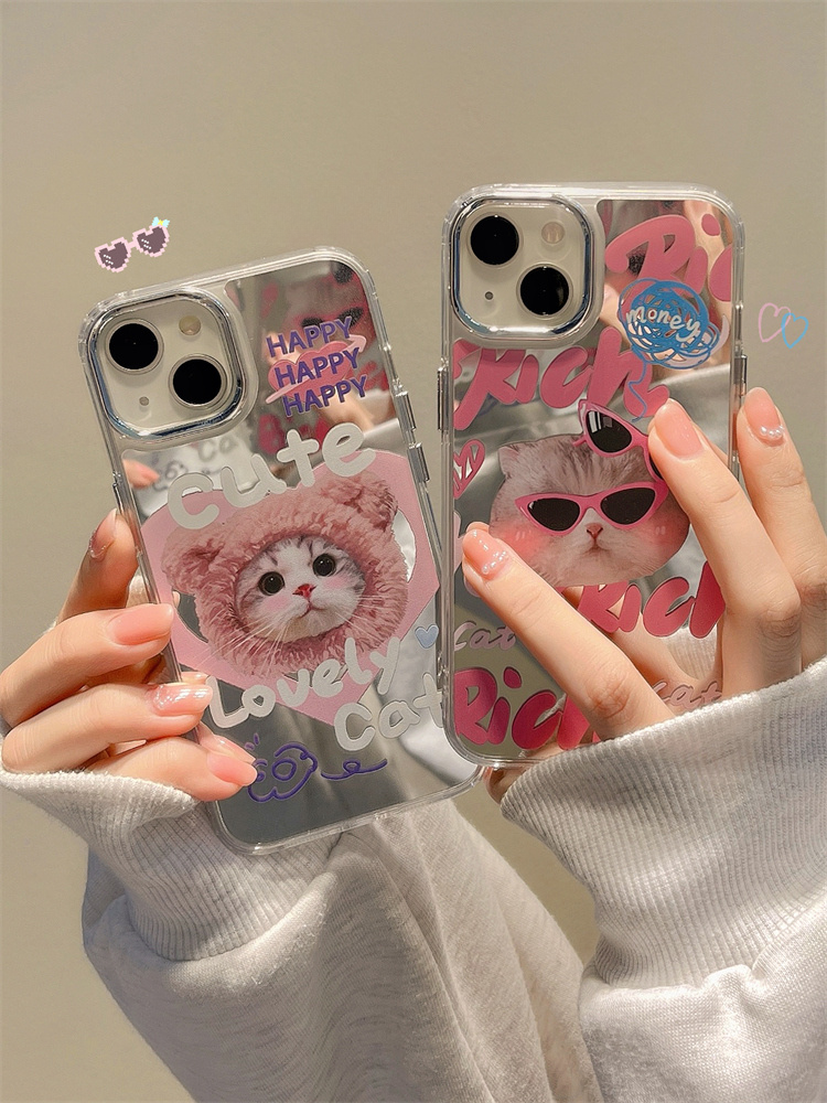 [ Meme Case ] Happy cute lovely cat mirror case | phone accessories | Three Fleas