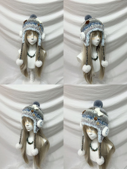 Fluffy Animal Ear Pom-Pom Crochet Hat