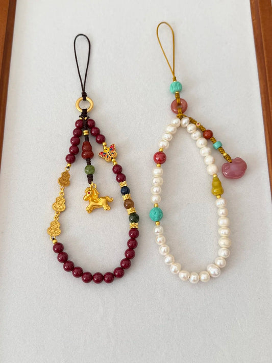 Chinoiserie Red And White Beaded Phone Charm | Phone Holders/Stands/Charm | Three Fleas