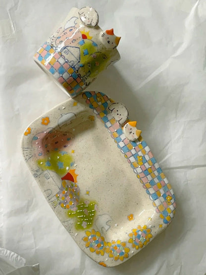 Puppy & Kitten Home Hand-Painted Ceramic Plate