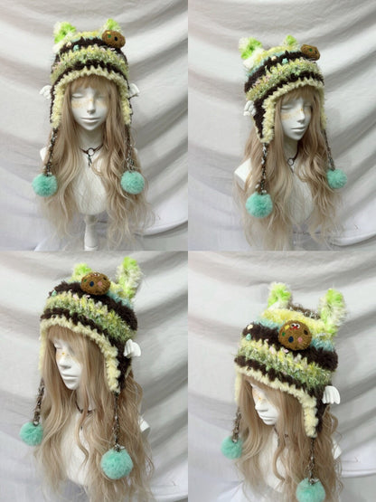 Plush Animal Ear Pom-Pom Crochet Hat