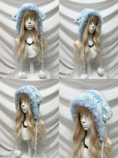 Fluffy Animal Ear Pom-Pom Crochet Hat