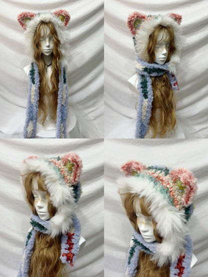 Plush Animal Ear Pom-Pom Crochet Hat