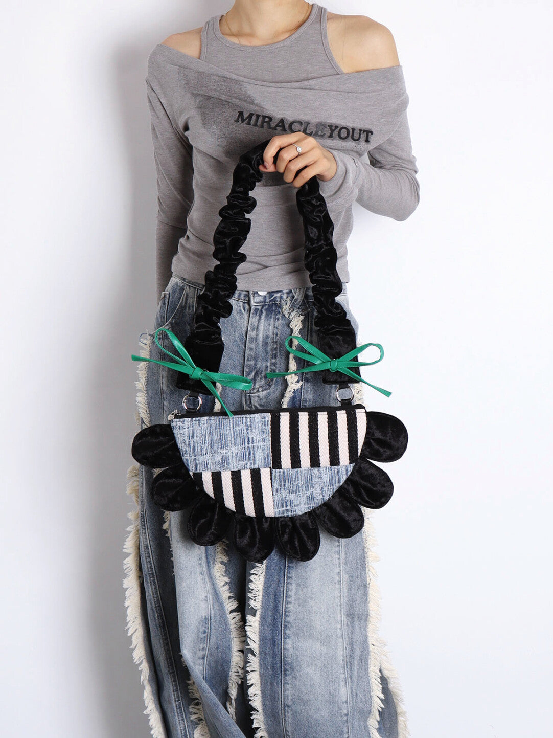 Denim Flower Semicircle Shoulder Bag | bag | Three Fleas