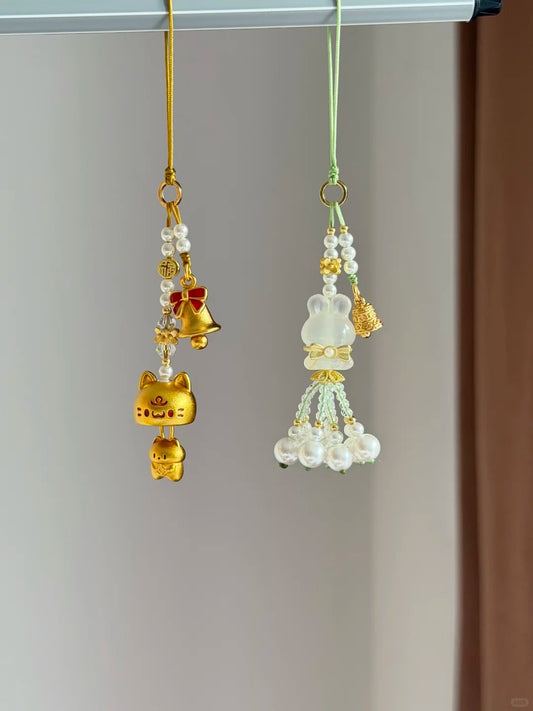 Chinoiserie Cat And Rabbit Beaded Pendant | Phone Holders/Stands/Charm | Three Fleas