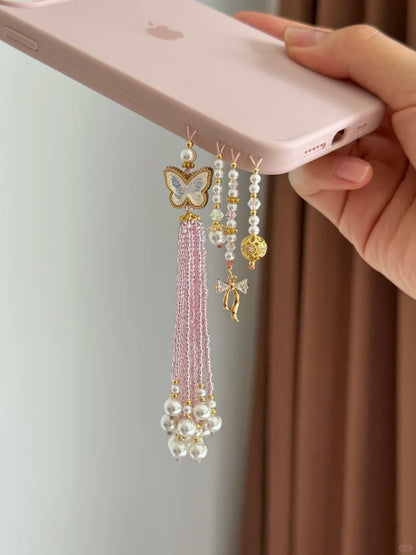Pink Butterfly Beaded Tassel Pendant With Phone Case