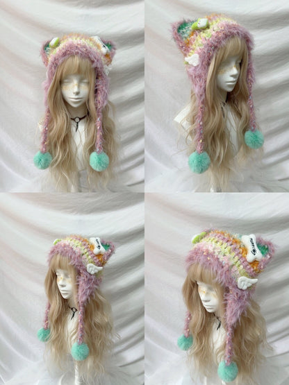 Plush Animal Ear Pom-Pom Crochet Hat